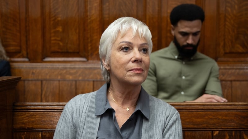 Denise Welch plays head juror Heidi as Tom King appears in court over the domestic abuse of his wife, Emmerdale's Belle Dingle