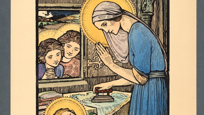 A hand-coloured print of Our Lady ironing by Beatrice Glenavy. Printed by Cuala Press. Photo: Board of Trinity College Dublin