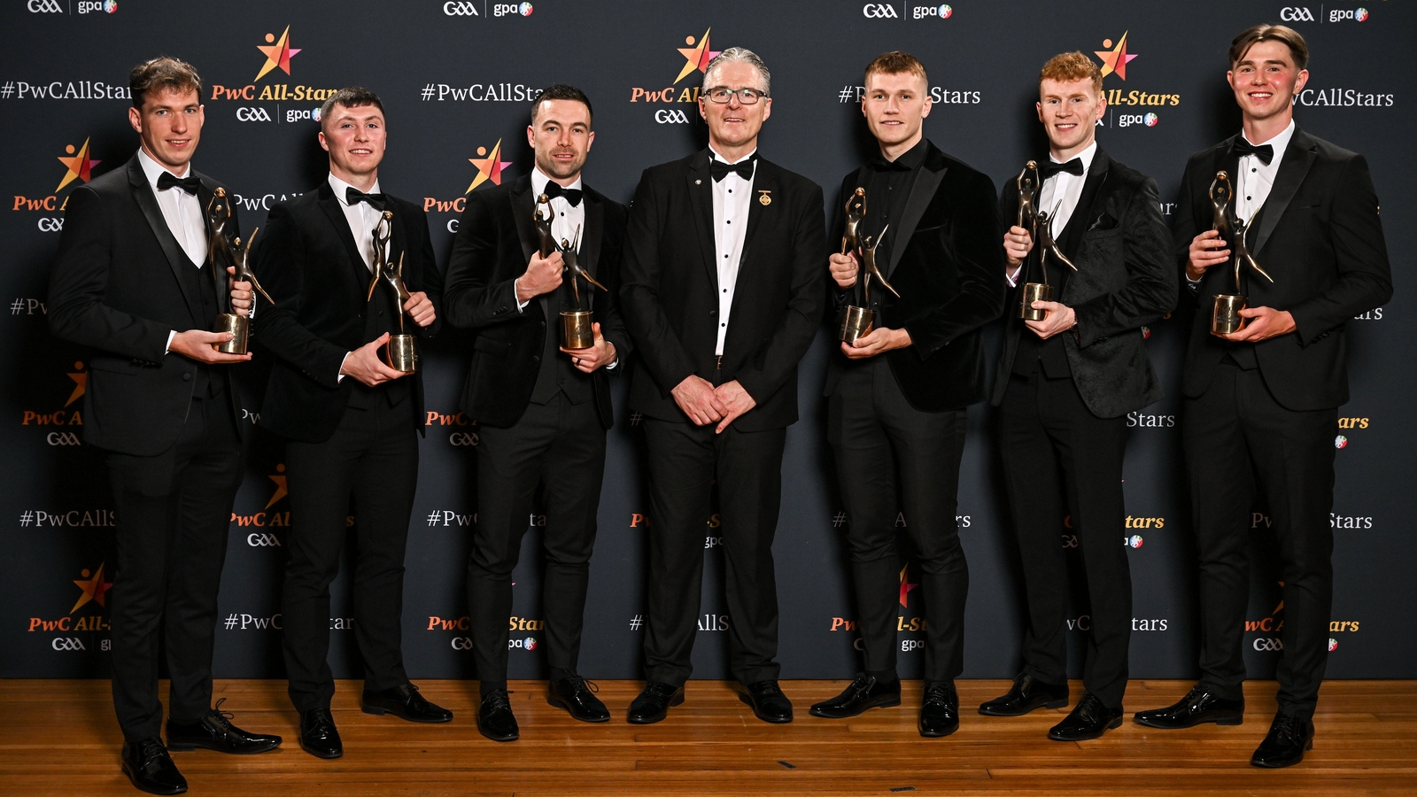 Armagh's six All-Stars with their countyman and GAA president Jarlath Burns