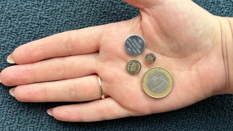 Button batteries are typically the size of a €1 or 20c coin, but can be as small as 5mm in diameter