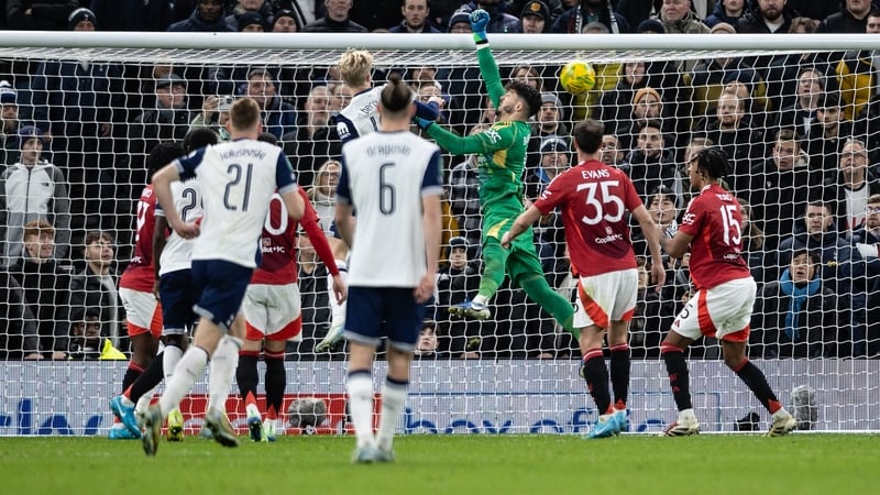 Manchester United goalkeeper Altay Bayindir wanted a foul but Son Heung-Min's corner-kick went all the way to the net