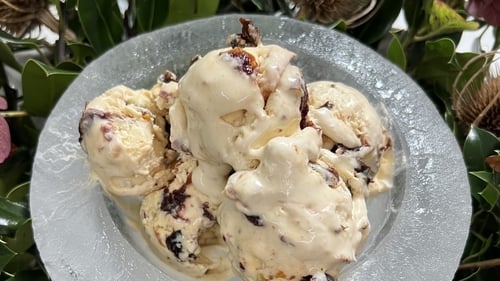 Rory's Christmas Ice cream with whiskey soaked prunes, candied amarena cherries, candied orange and lemon & flaked almond brittle