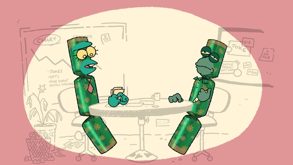 Two Christmas Crackers are struggling to come up with jokes...