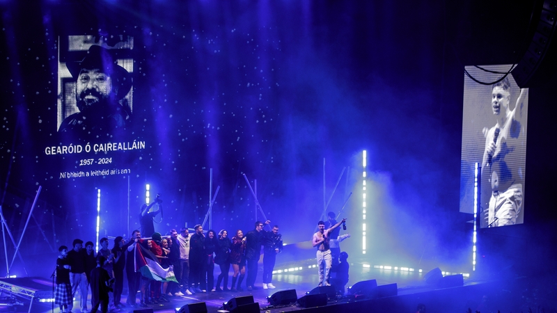 Kneecap at Belfast's SSE Arena - Towards the end of the performance, a photo of Gearóid Ó Cairealláin, father of Móglaí Bap, was projected onto a screen Photo: Press Association