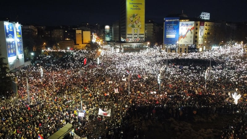 Student-led protests at Slavija Square, Belgrade in Serbia in response to the collapse of a train station roof last month