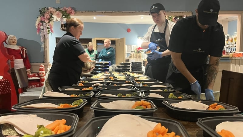 Staff at Lily's Kitchen and Bar restaurant in the village of Glenavy in Co Antrim worked until 11pm last night cooking Christmas meals and were back from 6am this morning to pack 600 portions of turkey, mashed potato, carrots, sprouts and gravy