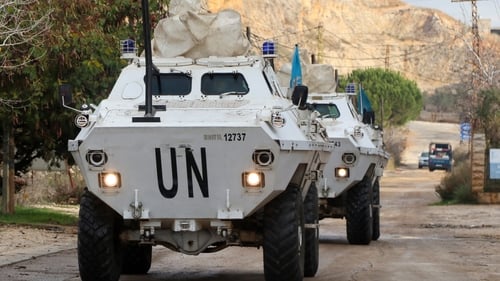 Armoured vehicles of the United Nations Interim Force in Lebanon (UNIFIL) patrol in the town of Khiam in southern Lebanon