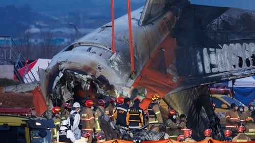 The wreckage of Jeju Air Co Flight 2216 at Muan International Airport