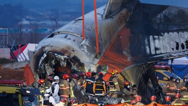 The wreckage of Jeju Air Co Flight 2216 at Muan International Airport