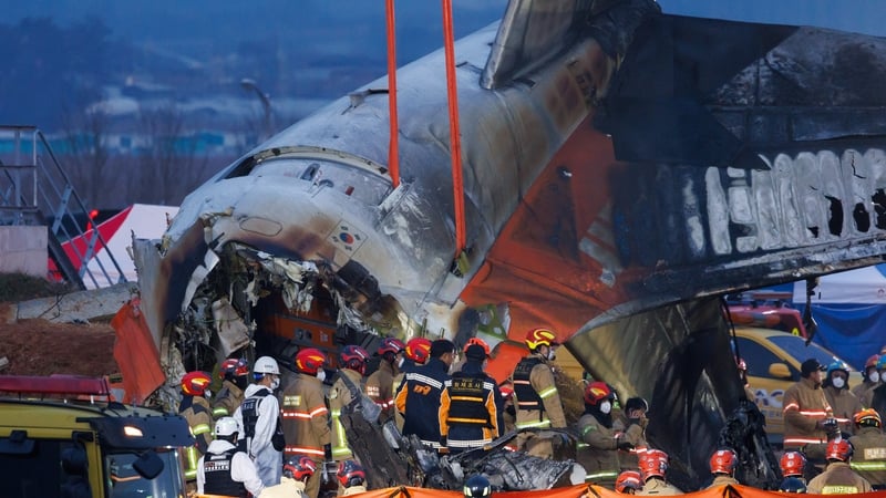 The wreckage of Jeju Air Co Flight 2216 at Muan International Airport