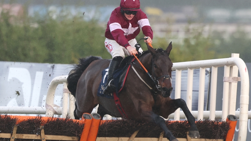 Brighterdaysahead, with Sam Ewing up, jump the last on their way to winning the Neville Hotels Hurdle