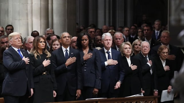 Donald Trump, Melania Trump, Barack Obama, Michelle Obama, Bill Clinton, Hillary Clinton, Jimmy Carter and Rosalynn Carter at former US President George H.W. Bush's state funeral in 2018