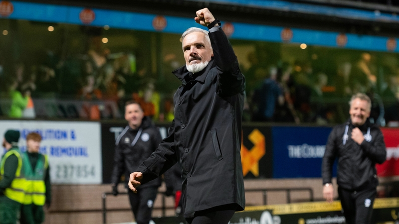 Jim Goodwin celebrates at full time after the Waterford native's Dundee United side snatched a late win