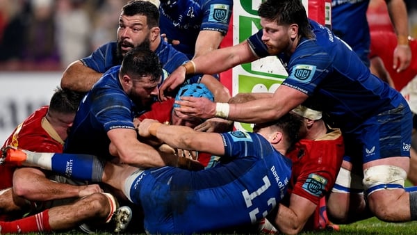 Leinster's defence prevents Tadhg Beirne from scoring a try in their 28-7 win against Munster