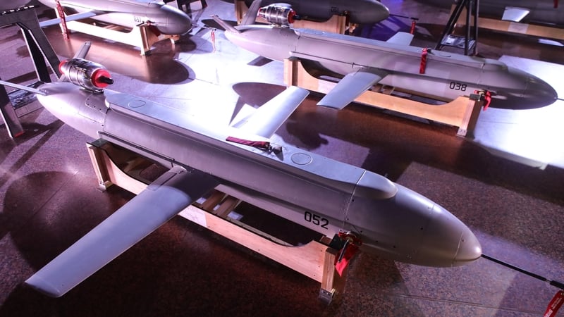 Long-range Peklo missile drones are seen on display in Kyiv in December
