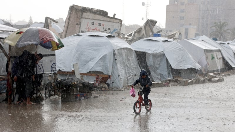 Tents drenched during a rain storm at a makeshift camp in Gaza City