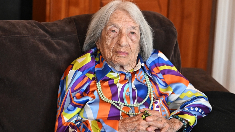 Agnes Keleti pictured in her apartment in Budapest in September 2023