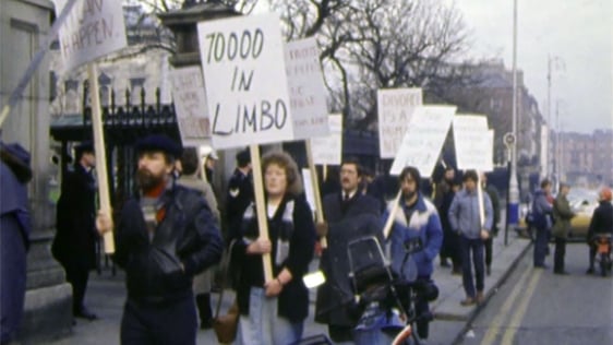 Divorce Action Group (DAG) supporters holding placards outside Government Buildings, 1985.