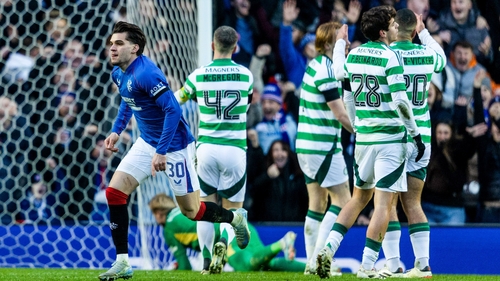 Rangers' Ianis Hagi with the opening goal of the Old Firm derby at Ibrox
