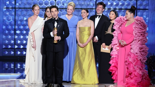 Hannah Einbinder, Jen Statsky, Paul W. Downs, Jean Smart, Lucia Aniello, Adam Bricker, Awkwafina, Melissa McCarthy collecting the Best Television Series Musical or Comedy for Hacks