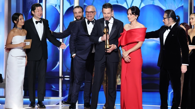 Anna Sawai, Tadanobu Asano, Cosmo Jarvis, Edward McDowell, Justin Marks, Rachel Kondo, Hiroyuki Sanada accepting the award for Best Television Series - Drama for Shōgun