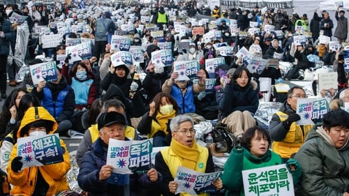 Members of the Korean Confederation of Trade Unions, predominantly young people, protesting in Seoul (Pic: Getty)