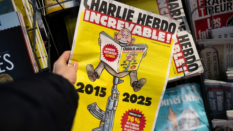 This photograph shows a view of a special edition of Charlie Hebdo ahead of the 10th anniversary of the attack