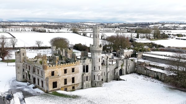 Snow surrounds Duckett's Grove, a ruined 19th century great house and former estate in County Carlow
