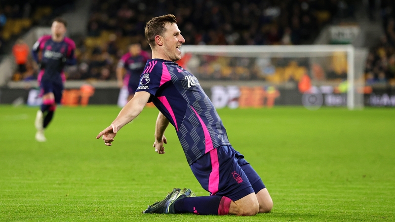Chris Wood celebrates after scoring forest's second goal against Wolves