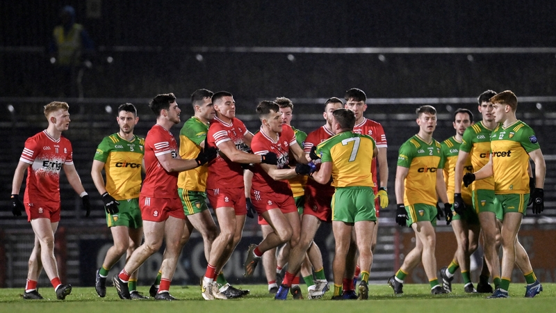 Derry and Donegal players clash in last year's McKenna Cup final