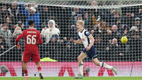 Lucas Bergvall celebrates his 86th-minute winning goal against Liverpool