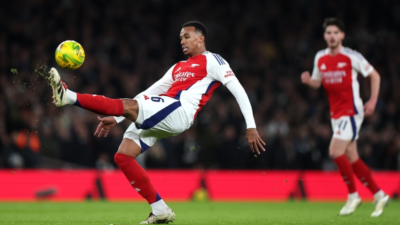 Arsenal defender Gabriel controls the ball in the first leg against Newcastle