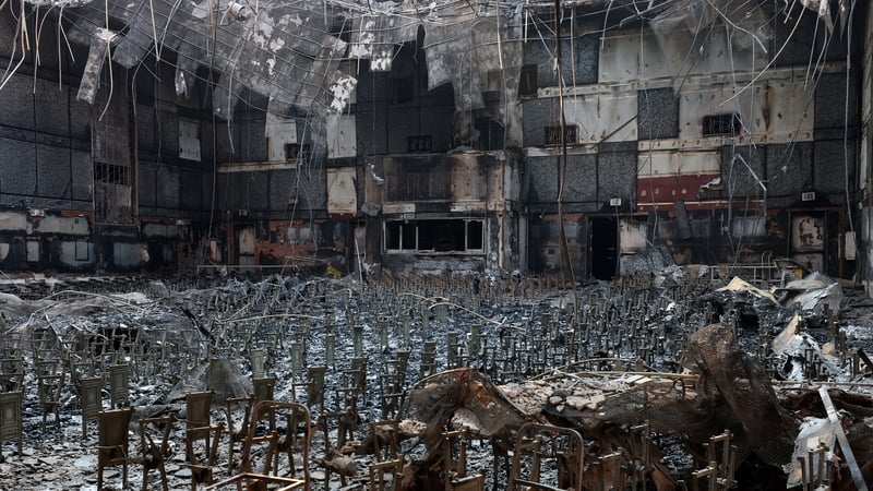 A burned auditorium at the Eliot Arts Magnet Academy that was destroyed by the Eaton Fire in Altadena, California
