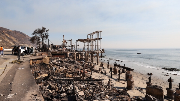 A view of burnt structures at Topanga Beach during Palisades wildfire