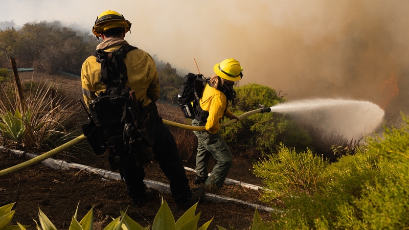 Firefighters work to try extinguish the Palisades Fire near the Sullivan Canyon area of Los Angeles