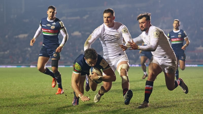 Leicester's Josh Bassett crosses the whitewash at Welford Road