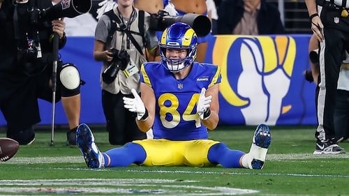 Los Angeles Rams tight end Hunter Long reacts after missing a catch against the Minnesota Vikings