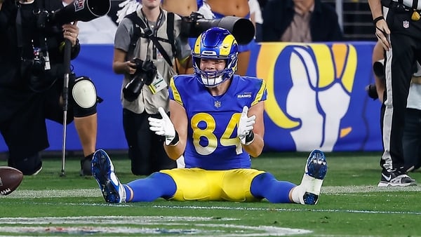 Los Angeles Rams tight end Hunter Long reacts after missing a catch against the Minnesota Vikings