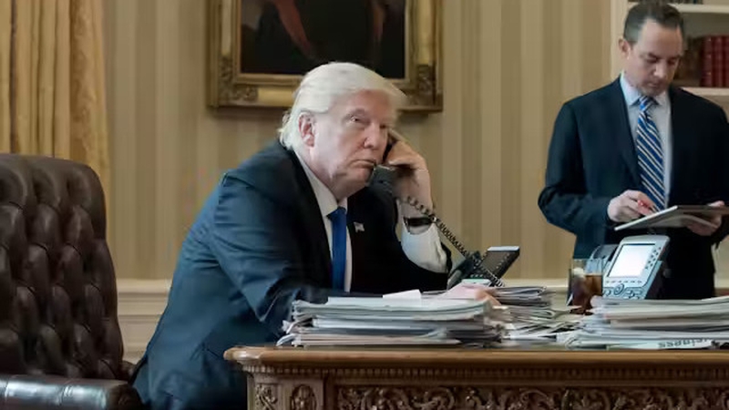 Trump call: the US president speaking to Russian president Vladimir Putin after his first inauguration in January 2017. Photo: EPA/Michael Reynolds