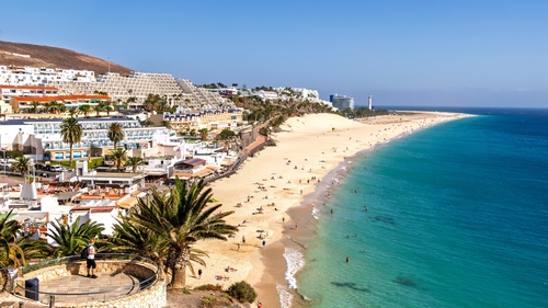A view of the Playa del Matorral beach in Morro Jable, Spain