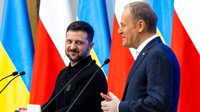 Volodymyr Zelensky (L) and Donald Tusk during a press conference after their talks in Warsaw, Poland