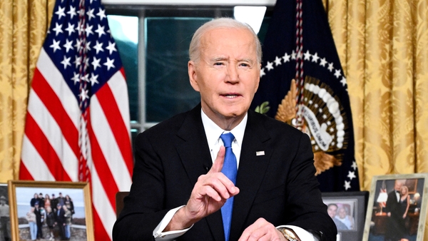 US President Joe Biden delivers a farewell address to the nation in the Oval Office of the White House