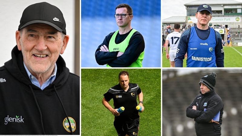 Ulster managers in Division 3 - clockwise from left - Mickey Harte, Tony McEntee, Justin McNulty, Kieran Donnelly and Steven Poacher
