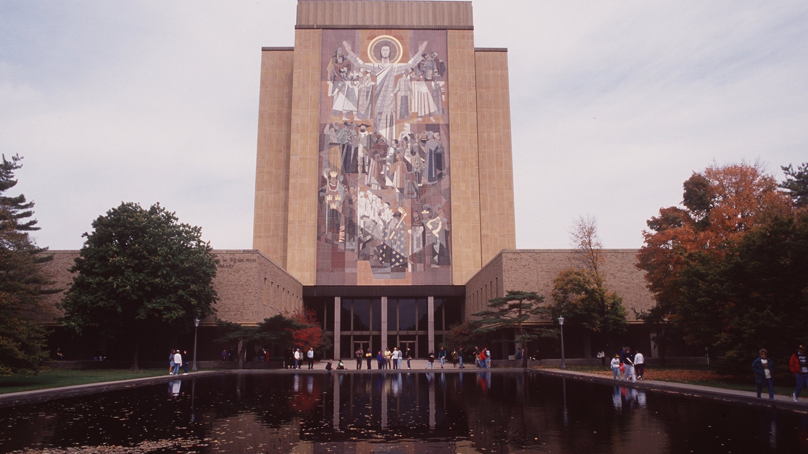 Touchdown Jesus mural that overlooks the stadium on campus