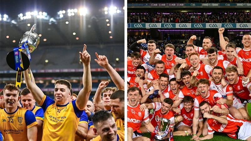 Na Fianna (L) and Cuala players rejoice after their respective provincial triumphs