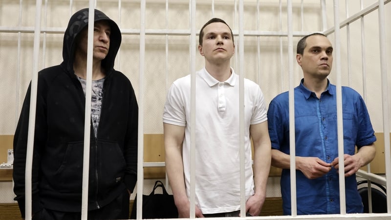 (L-R) Igor Sergunin, Alexei Liptser and Vadim Kobzev were accused of participating in an 'extremist' organisation