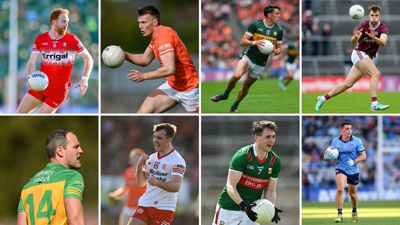 Clockwise from top left: Conor Glass (Derry), Rian O'Neill (Armagh), David Clifford (Kerry), Paul Conroy (Galway), Brian Howard (Dublin), Paddy Durcan (Mayo), Darragh Canavan (Tyrone) and Michael Murphy (Donegal)