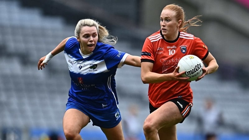 Andrea Moran (L) in action against Blaithín Mackin of Armagh during the 2023 National League Division 2 final