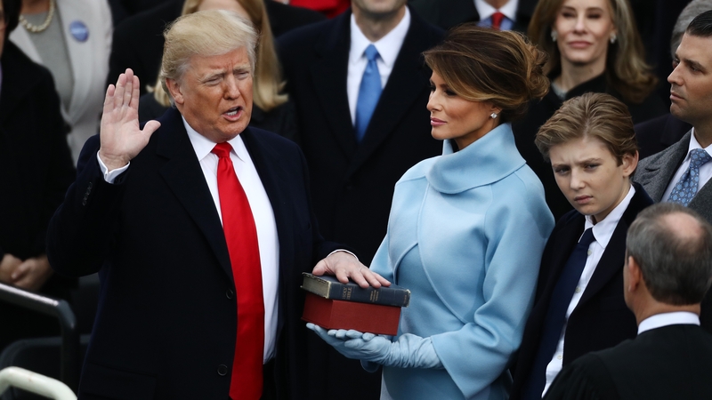 Donald Trump takes the oath of office during his first presidential inauguration in Washington, DC in 2017