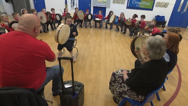 Playing the bodhrán at Scoil Carmel in Dublin.
